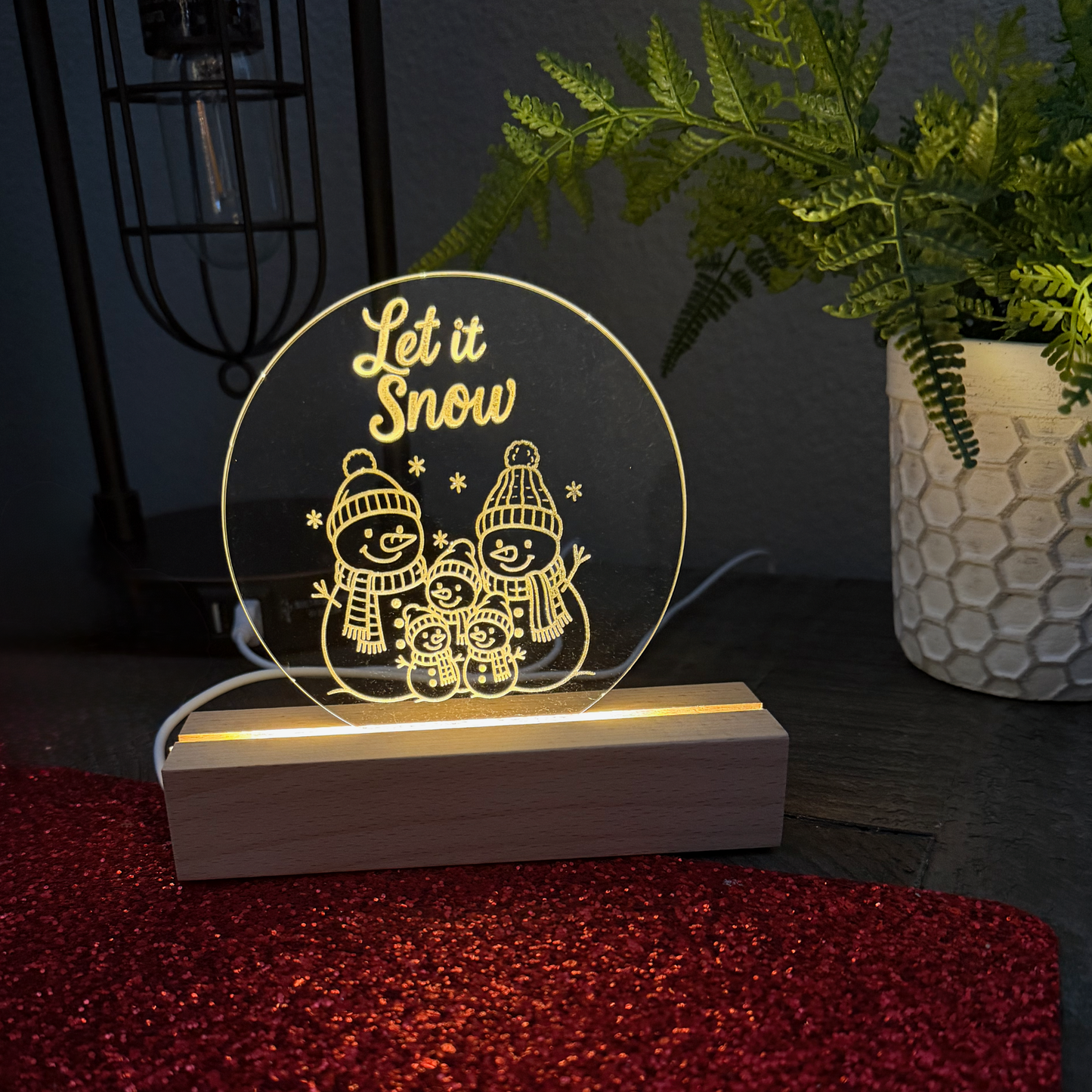“Let It Snow” Snowman Acrylic Sign with Lighted Wood Base