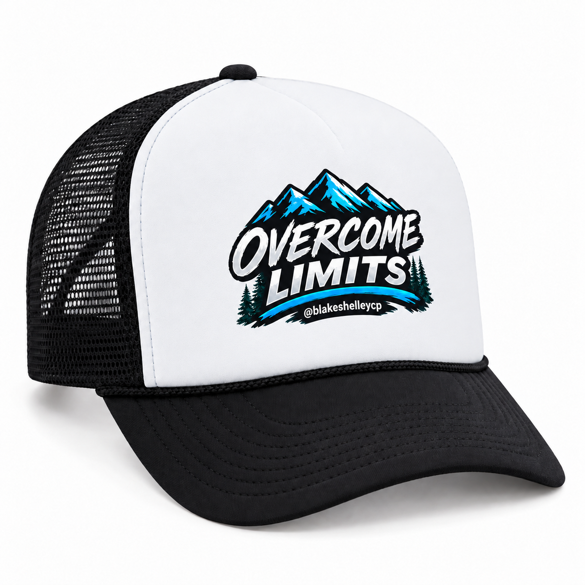 Overcome Limits foam trucker hat in white and black